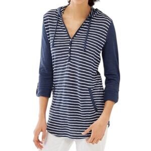 J.Jill Linen Blend Hoodie Women S Hooded Sweater Navy White Striped Pockets